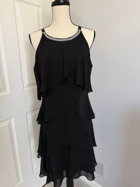 Like New! SL Fashions - Black Tiered Beaded Halter Dress